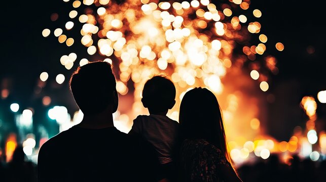 Silhouetted family watches vibrant fireworks display, creating joyous memories under a dark, illuminated night sky
