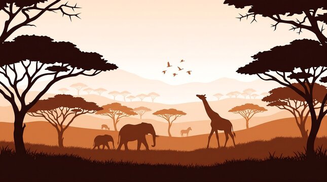 Silhouette of elephant and giraffe in African savanna with acacia trees at sunset, wildlife safari concept illustration.