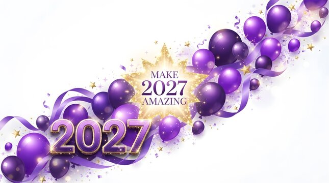 Festive new year celebration with purple balloons and golden 2027 typography