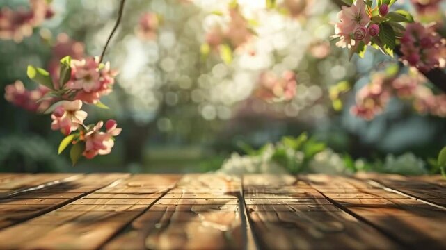 Rustic Wood Table with Cherry Blossoms in Spring Garden