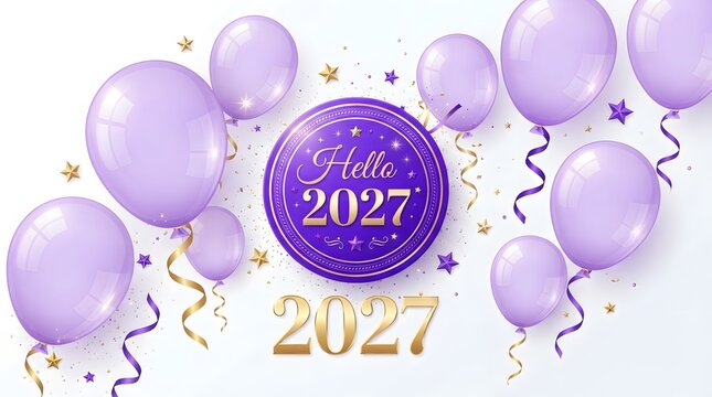 Festive new year 2027 celebration with lavender balloons and golden confetti