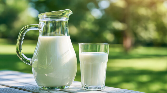 Glass pitcher and glass of fresh milk on a wooden table outdoors with beverage