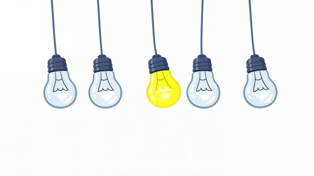 Row of light bulbs with center bulb glowing yellow