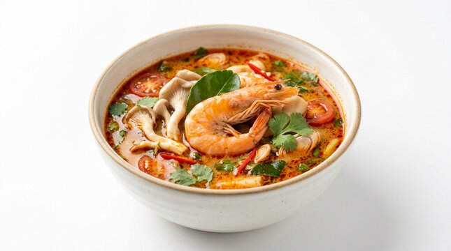 Traditional Thai tom yum kung soup with king prawn, oyster mushrooms, cherry tomatoes and lemongrass in a ceramic bowl on a white background