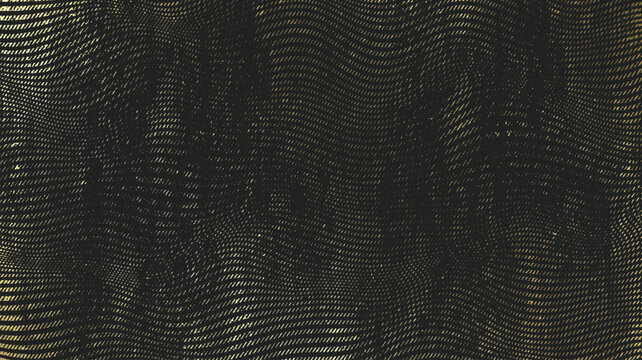 Vector gold halftone lines on dark background. Subtle undulating line wave grunge with distressed engraving texture and fine grain.