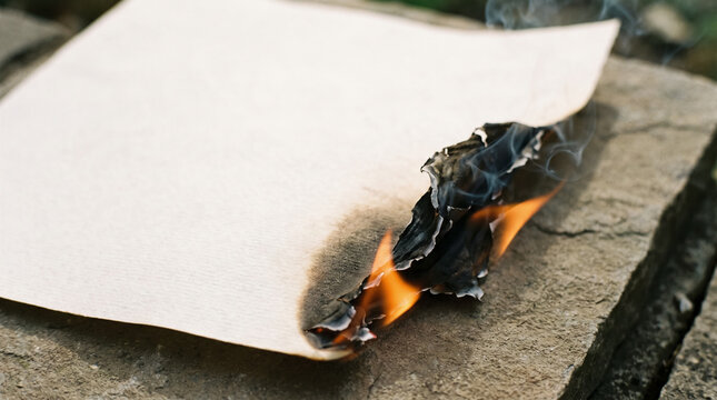 Sheet of textured paper burning with small flame and smoke on stone surface outdoors. Concept of fire, burnt edge, ash. Copy space.