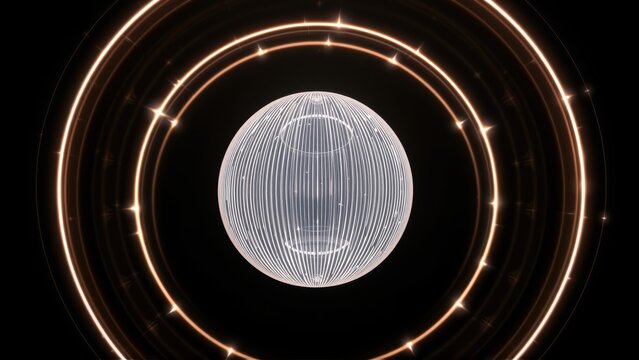 Bright sphere surrounded by glowing concentric rings. Dark background emphasizes light effects, creating futuristic impression.