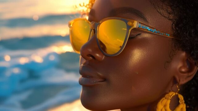 Portrait of a Woman with Gold Sunglasses at Beach Sunset