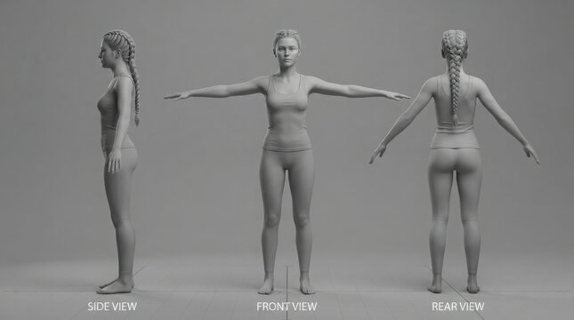 3D model of a woman character in t-pose for animation illustration