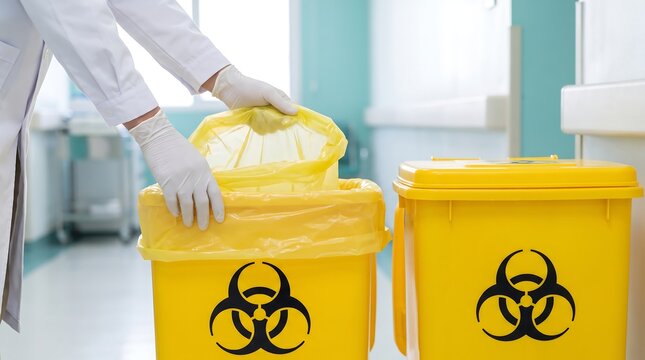 Doctor Hands in Gloves Replacing Yellow Biohazard Waste Bag in Clinical Trash Can for Medical Waste Management, Infection Control, Hospital Sanitation, and Healthcare Safety