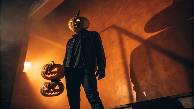 Creepy person wearing a carved pumpkin head mask holding glowing jack o lantern pumpkins in a dark room with dramatic shadows jack olantern grinning
