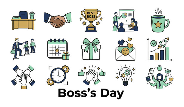 Boss Day icon set featuring workplace leadership, management trophies, teamwork, strategy, and office celebration symbols vector