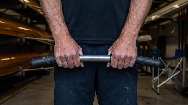 Close Up of Strong Rower Hands Holding Rowing Ergometer Machine Handle During Indoor Workout. Concept of training handle, gym, athlete.