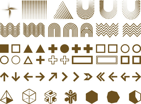 Set of abstract geometric shapes, halftone patterns, wavy lines, arrows, and 3d objects