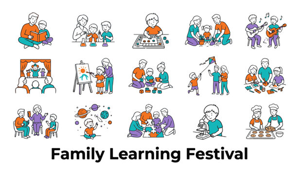 Family Learning Festival icon set showing parents and kids studying, reading, playing, and creative activities vector