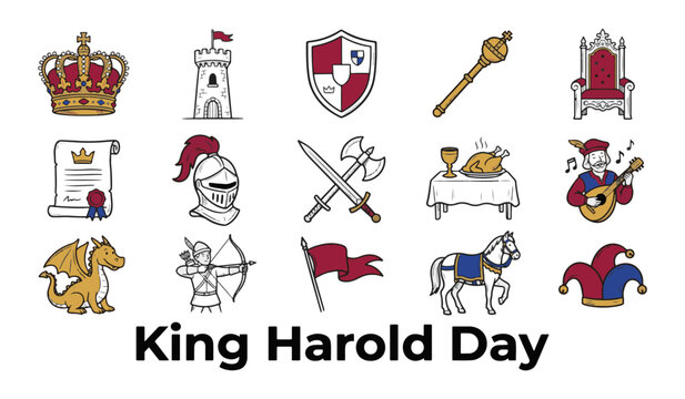 King Harold Day icon set featuring medieval crown, castle, knight helmet, crossed swords, shield, and royal symbols vector