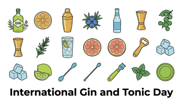 International Gin and Tonic Day icon set featuring gin bottle, cocktail glass, ice cubes, citrus slices, and bartending tools vector