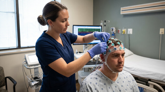 Female sleep technician adjusting EEG scalp electrode cap on male patient in clinic. Concept of sleep study, neurology, polysomnography, medical test.