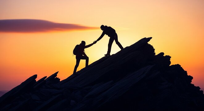 Silhouette of two hikers helping each other climb a rocky peak at sunset