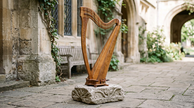 Small wooden harp standing on stone base in historic courtyard outdoors. Concept of concert harp, musical instrument, celtic harp, lever harp, folk harp. Copy space.