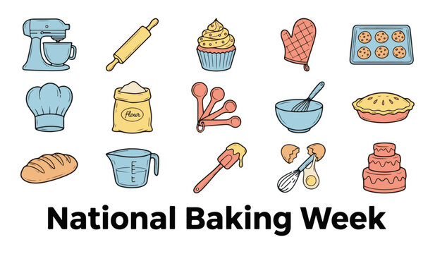 National Baking Week icon set featuring stand mixer, rolling pin, cupcakes, pastries, baking tools, and ingredients vector