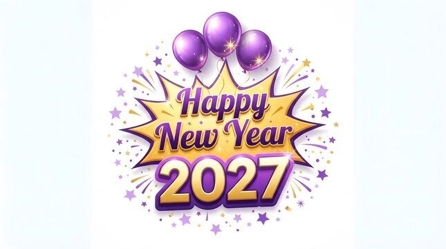 Festive new year 2027 celebration with balloons and sparkling starburst design