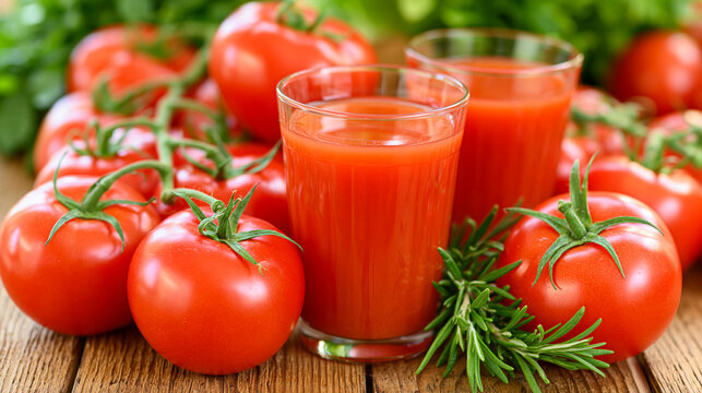 Glasses of fresh tomato juice with rosemary and vine tomatoes vegetable juice raw food