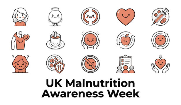 UK Malnutrition Awareness Week icon set featuring healthy nutrition, meal balance, medical care, weight check, and wellness support vector