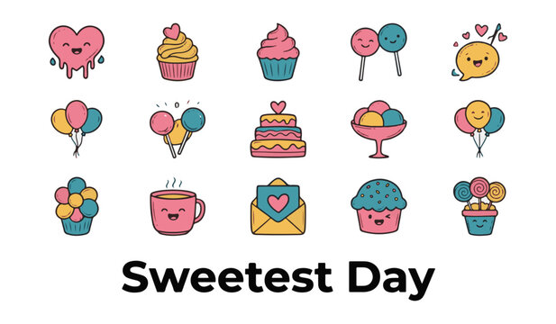 Sweetest Day icon set featuring cute cupcakes, lollipops, celebration balloons, love heart, sweet treats, and dessert illustration vector