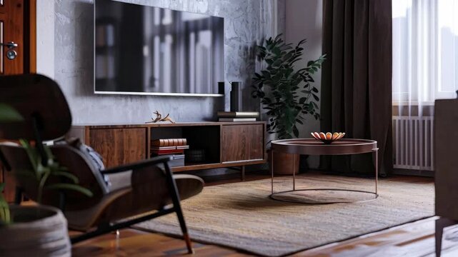 Modern Living Room Interior with Flat-Screen TV and Wood Furniture