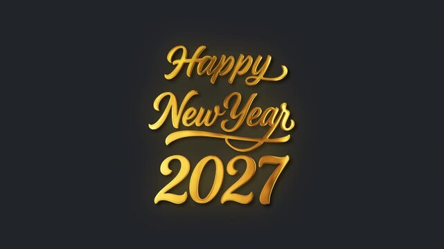 Golden happy new year 2027 seamless loop isolated text animation on transparent alpha channel background for video overlay with glow and drop shadow. 4K motion graphic