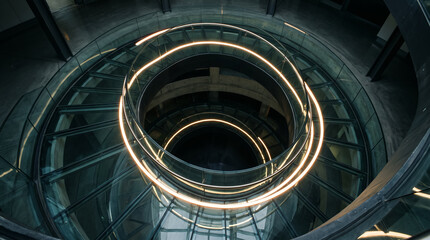 Fototapeta premium Modern spiral staircase interior with curved glowing handrails and layered architectural glass. Concept of luminous rails, illuminated handrail, modern architecture, circular stairs, glass railing.