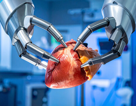 A robotic surgical system delicately holds a human heart model in a hightech medical laboratory, no people. This conceptual shot symbolizes advanced medical technology and precision, 189 characters.