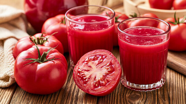 Glasses of fresh tomato juice with sliced tomatoes and herbs vegetable juice raw food
