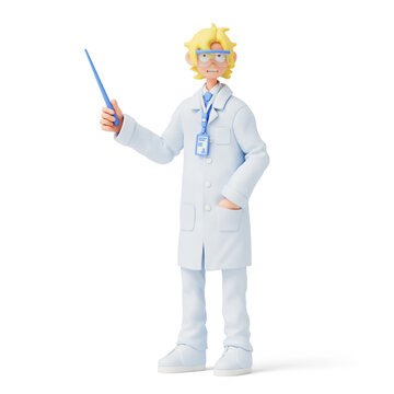 Full length 3D render of friendly young blonde male doctor in medical coat with protective glasses and an ID badge, pointing with stick pointer during presentation, isolated on transparent background.