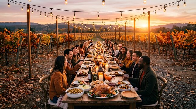 An elegant outdoor dinner party is beautifully arranged at sunset with a long table set for a joyous and festive celebration with friends