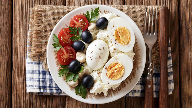 Hard-boiled egg salad with cherry tomatoes and black olives served on bread