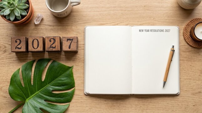 New year resolutions with notebook and wooden blocks,