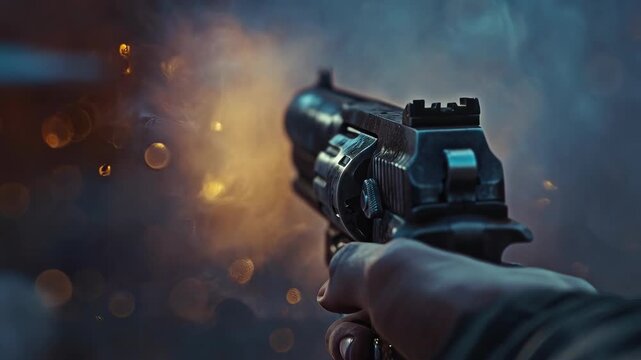 First-person view of a pistol firing with muzzle flash and smoke