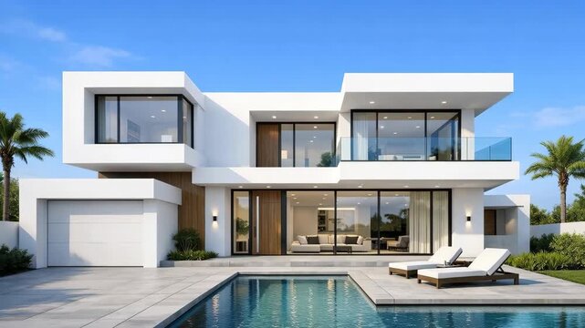 Modern Luxury Villa with Swimming Pool and Palm Trees