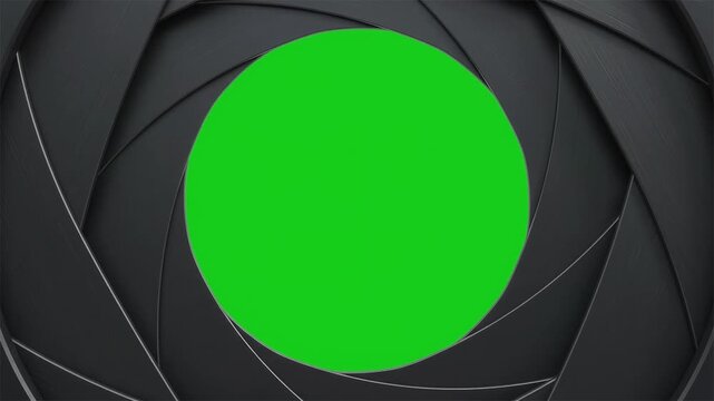 Camera shutter opening and closing transition animation on green screen background