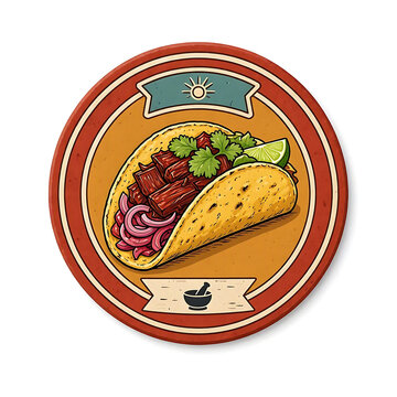 Illustrated mexican taco with seasoned meat and cilantro inside a circular emblem taco illustration street food lime wedge red onions fast food latino cuisine