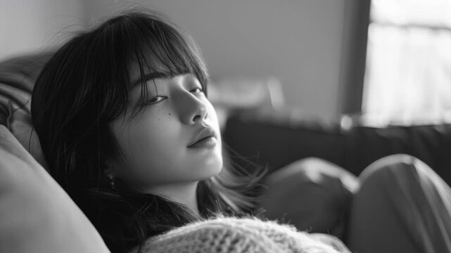 Portrait of a Young Woman with Bangs in Monochrome