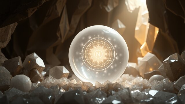 Glowing sphere rests amid crystal formations. Light emanates from within, illuminating surrounding jagged structures. Mysterious, ethereal scene.