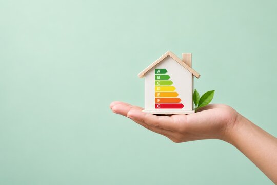 Energy efficient house model with rating scale and green leaf on a hand