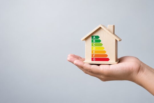Hand holding a miniature house with an energy efficiency rating scale