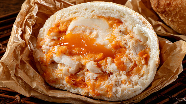 Fresh baked round bread with melted butter and orange marmalade on parchment paper
