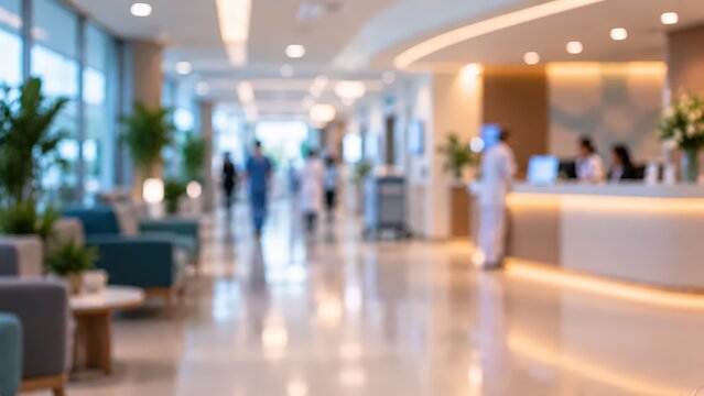 Hospital reception hallway blurred background showing medical staff and waiting area with modern interior design, healthcare facility interior with bright lighting, clinical setting for medical