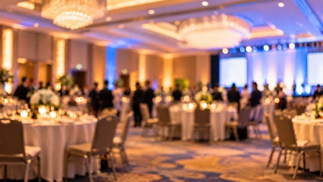 Banquet Hall Event Setup photo with blurry tables, chairs, and stage lighting, creating a professional conference atmosphere for corporate meetings, gala dinners, and social gatherings in luxury hotel