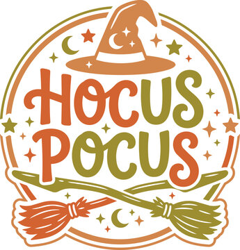 Colorful magical spell casting illustration featuring hocus pocus text and witch elements